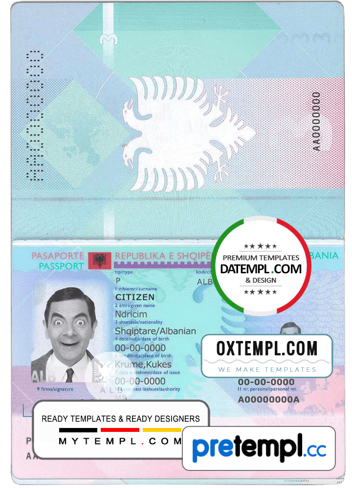 Albanian passport example in PSD format Pretempl