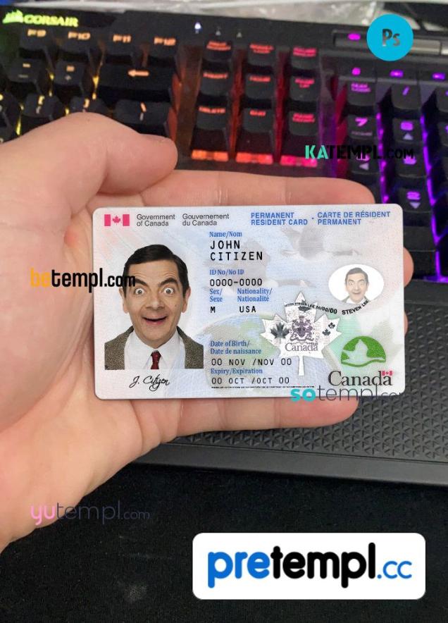 Canadian Permanent resident card example in PSD format, fully editable