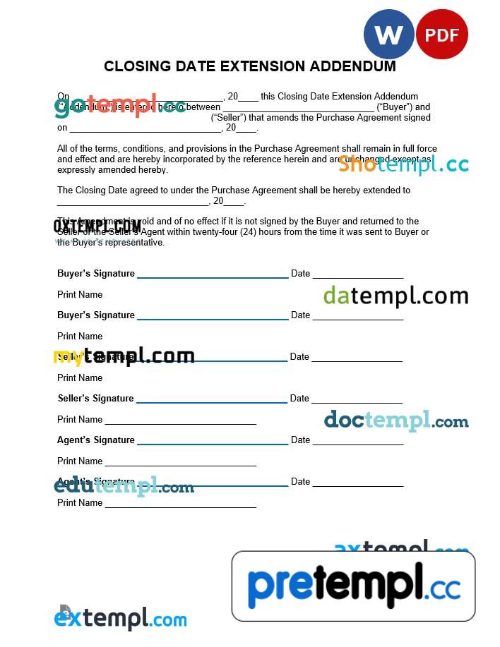 free download closing date extension addendum example in Word and PDF
