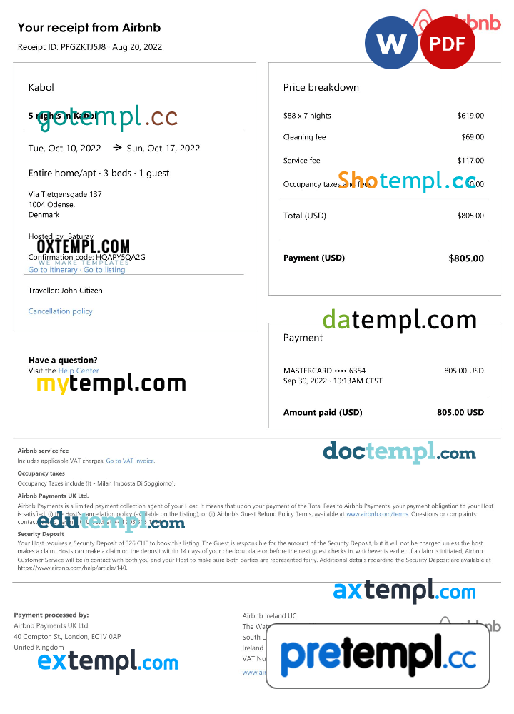 Danish Airbnb booking confirmation Word and PDF example Pretempl