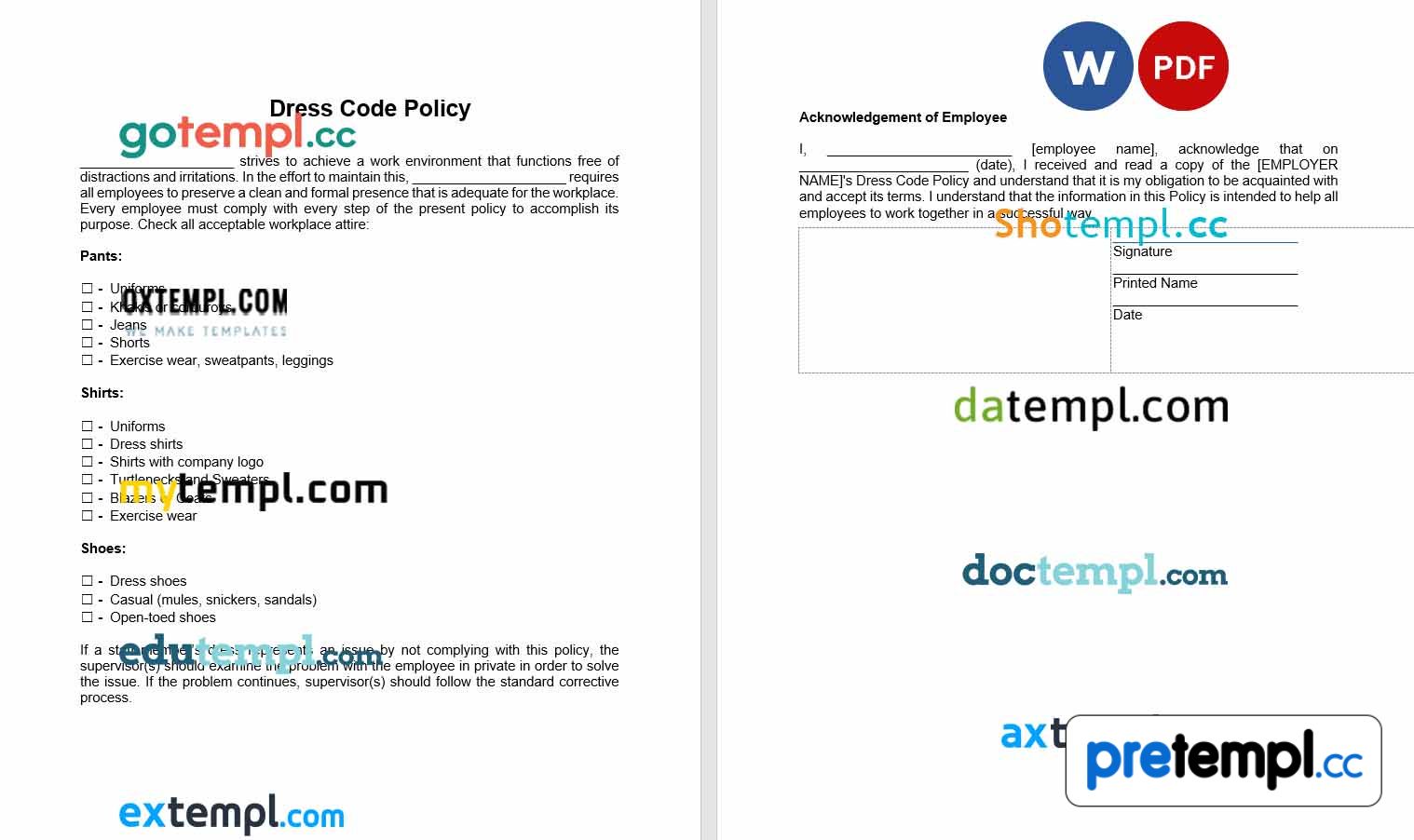 free download dress code policy example, Word and PDF format Pretempl