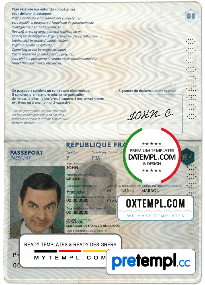 French passport example in PSD format, fully editable Pretempl