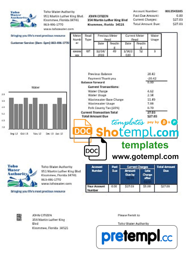 USA Florida Toho Water Authority utility bill download example in Word