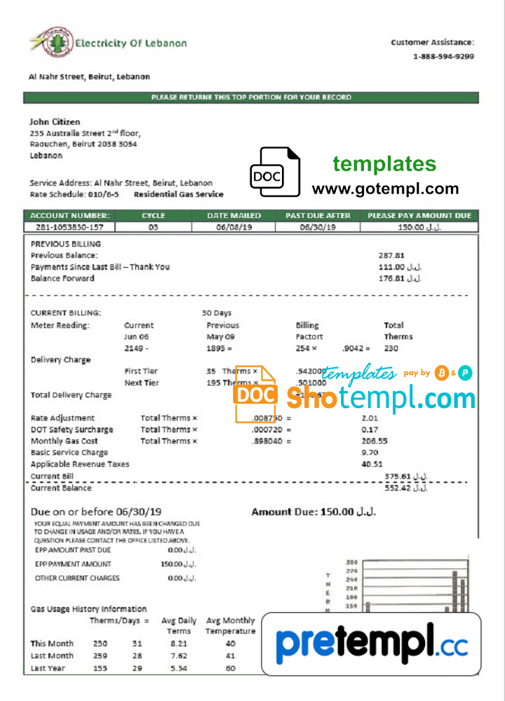 Lebanese Electricity of Lebanese utility bill download example in Word