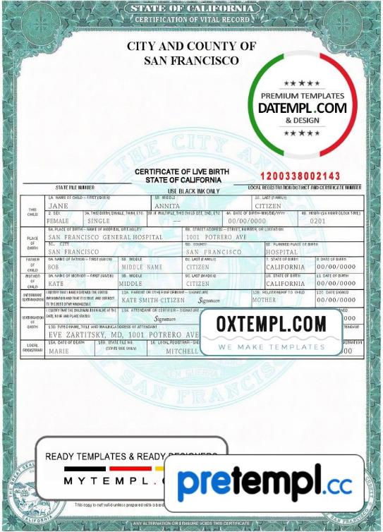 USA California state birth certificate example in PSD format, fully