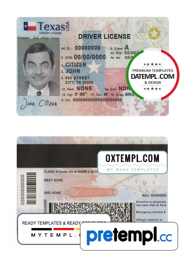 USA Texas driver license download example in PSD format, fully editable