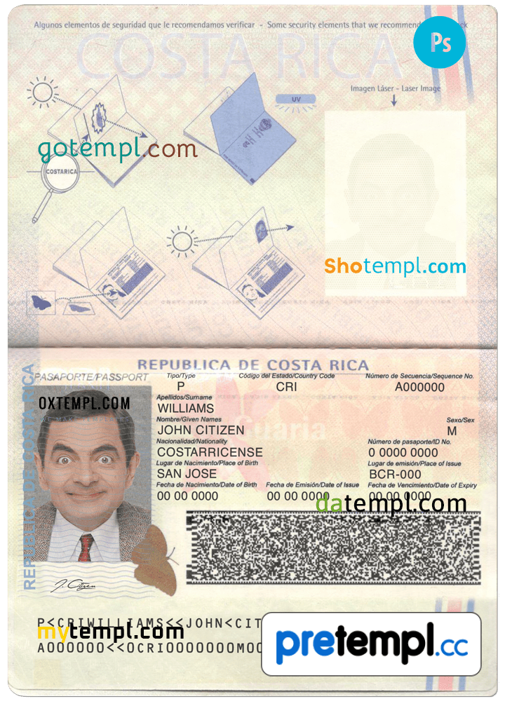 Costa Rican passport example in PSD format, fully editable Pretempl