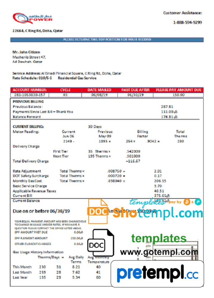 Qatari Power Company electricity utility bill download example in Word