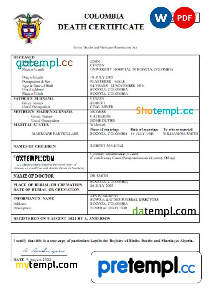 Colombian death certificate Word and PDF example, completely editable