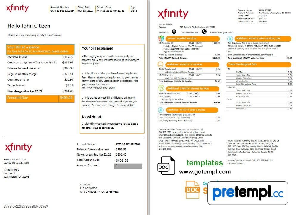 USA San Francisco Xfinity Comcast utility bill download example in Word and PDF format (2 pages