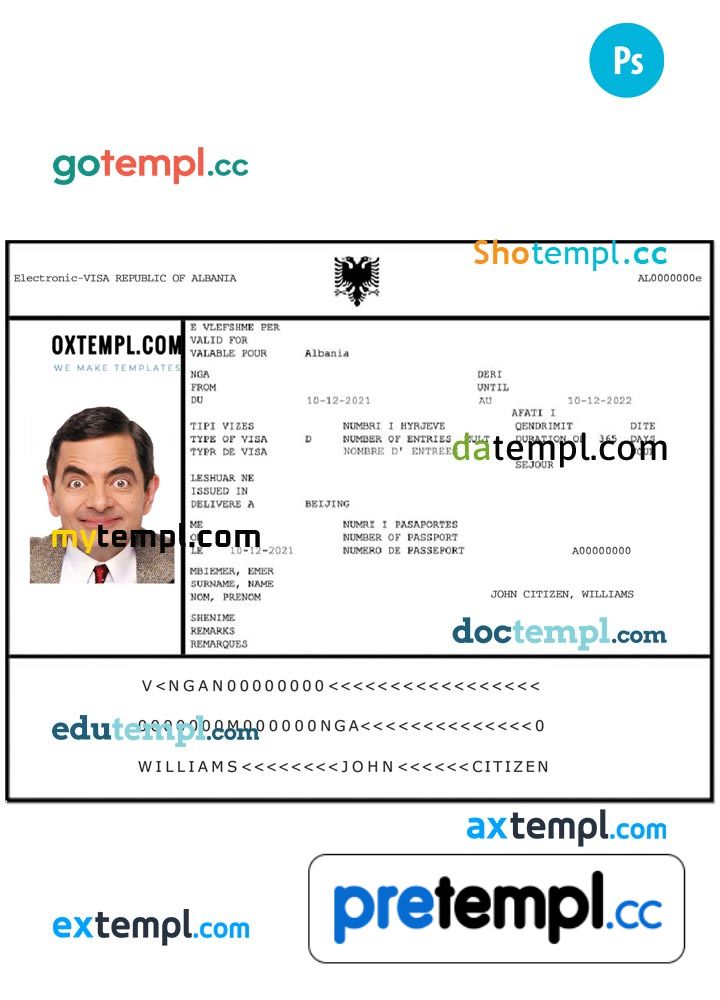 Albanian Electronic Visa PSD example, with fonts Pretempl