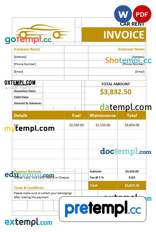 Car Rental Invoice example in word and pdf format Pretempl