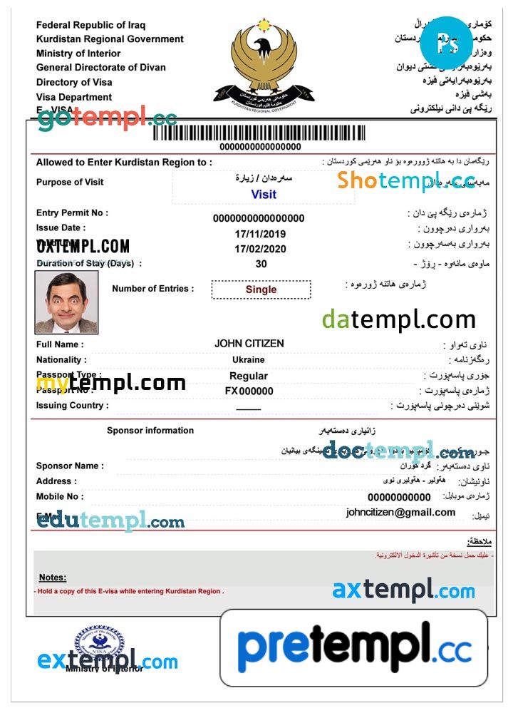 Iraqi electronic visa PSD example, fully editable Pretempl
