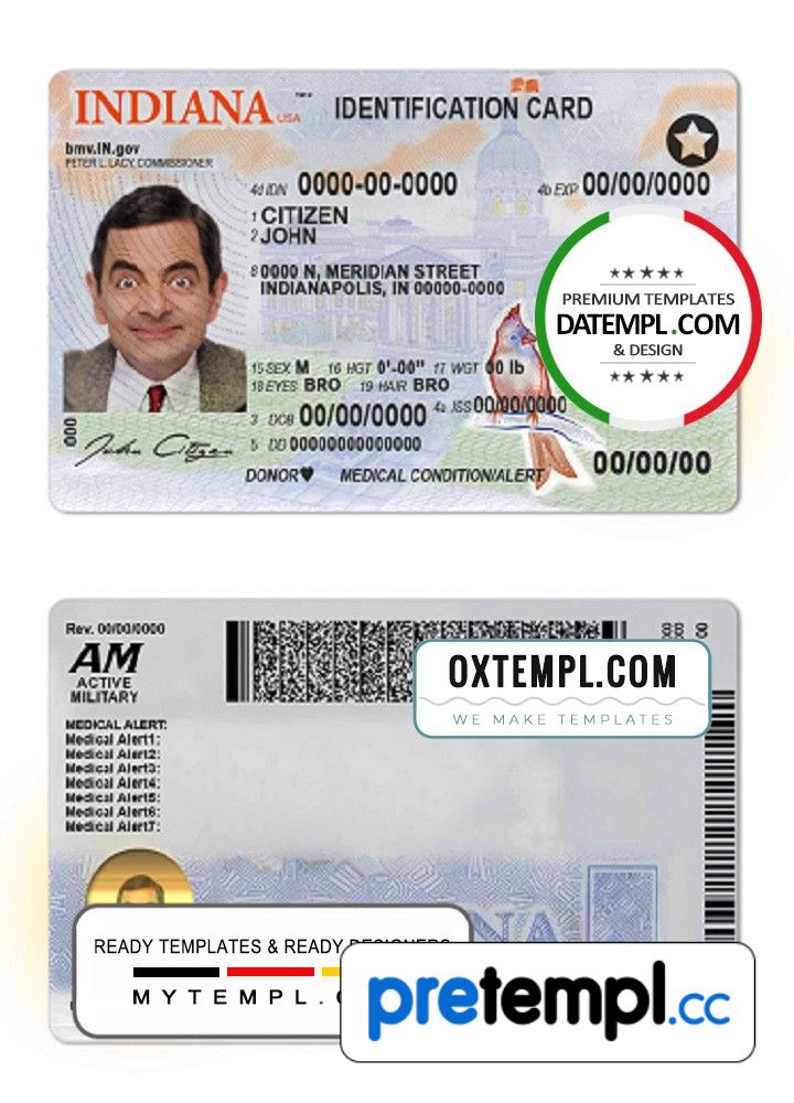 USA Indianna state ID example in PSD format, fully editable Pretempl