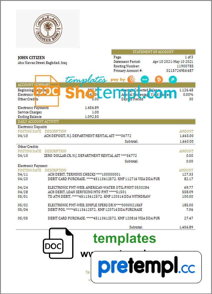 Iraqi Rasheed proof of address bank statement 3 6 months in Word and