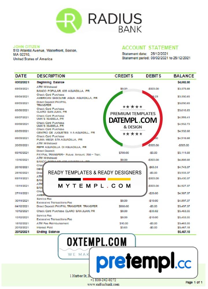 USA Massachusetts Radius Bank statement easy to fill example in Excel
