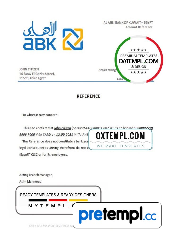 Egyptian Al Ahli Bank of Kuwaiti bank account closure reference letter