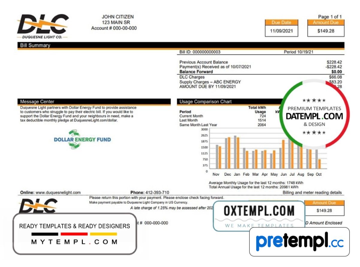 USA Pennsylvania Duquesne Light Company (DLC) utility bill download