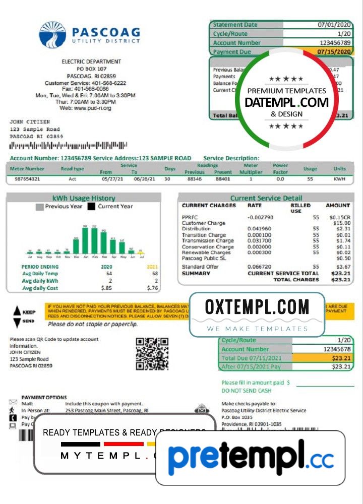 USA Rhode Island Pascoag Utility District utility bill download example