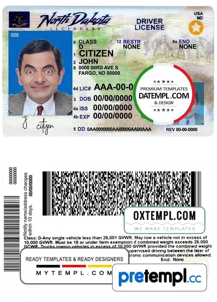 USA North Dakota driver license download example in PSD format, fully