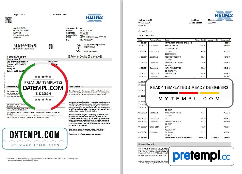United Kingdom Halifax bank proof of address statement example in Word