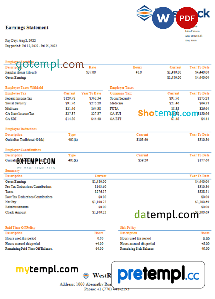 USA WestRock packaging company pay stub Word and PDF example Pretempl