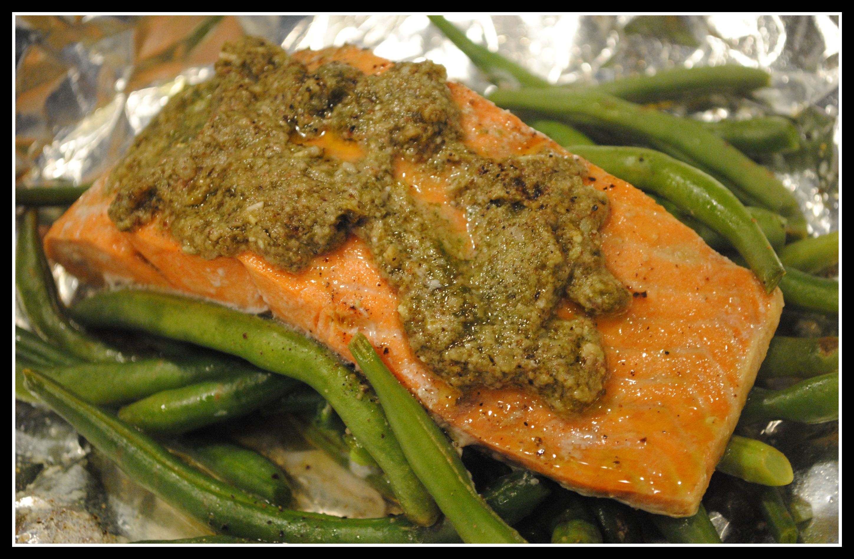 Salmon Baked in a Foil Parcel with Green Beans and Pesto Prevention RD