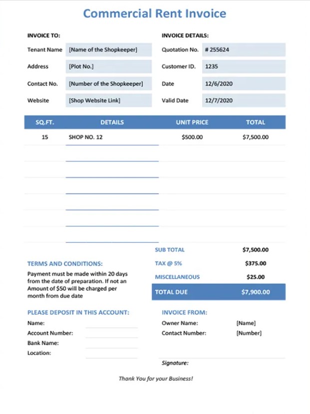 Commercial Rent Invoice Template PreWrite