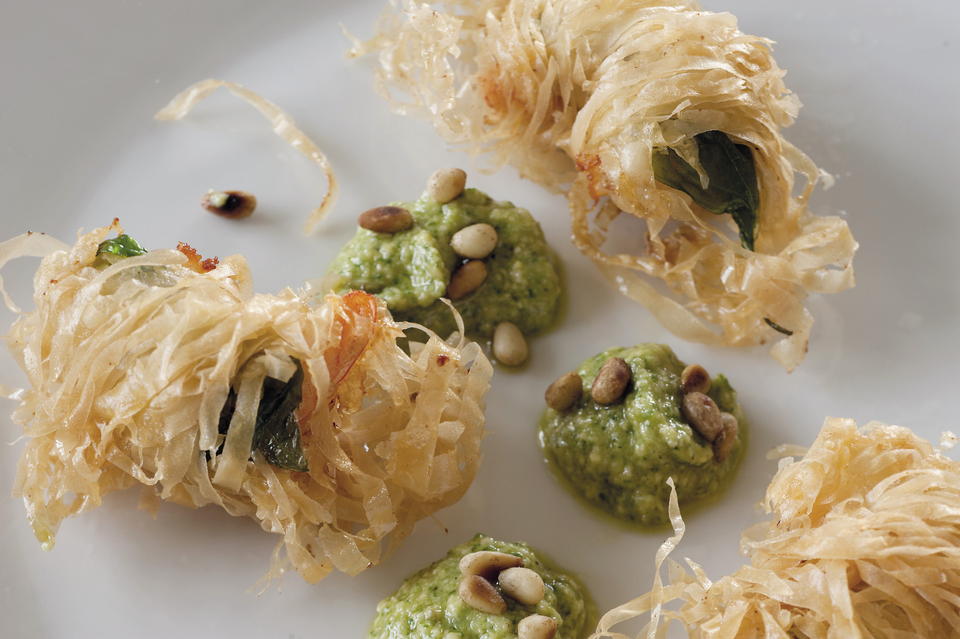 Basil & Shredded Filo Wrapped Prawns with Pine Nut Sauce Priceless