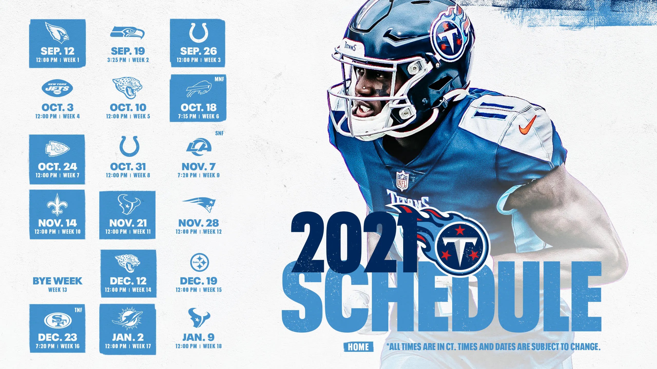 Titans release 2021 schedule; includes three primetime games