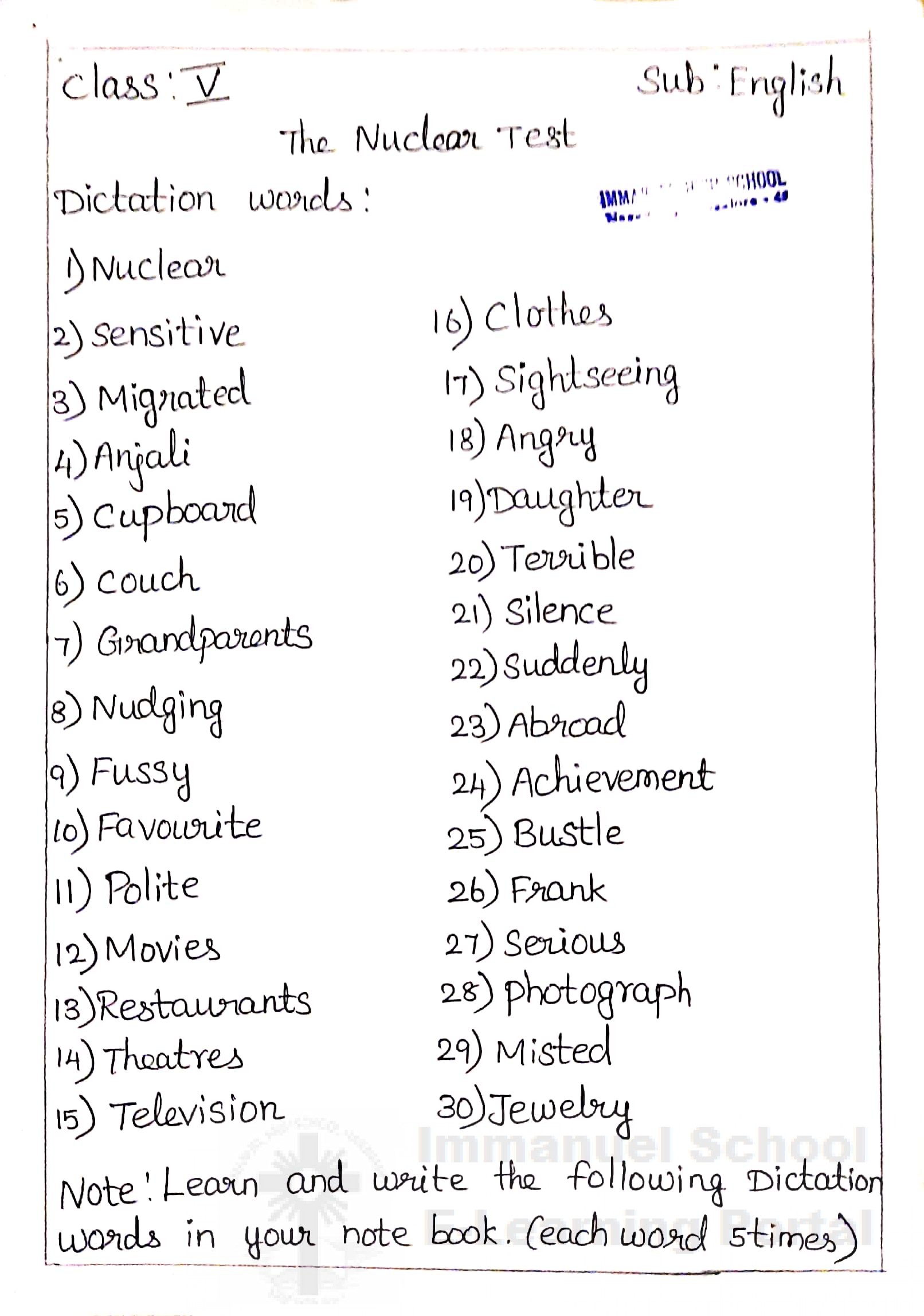 5th Standard EnglishLesson02 The Nuclear TestActivity02 IMMANUEL