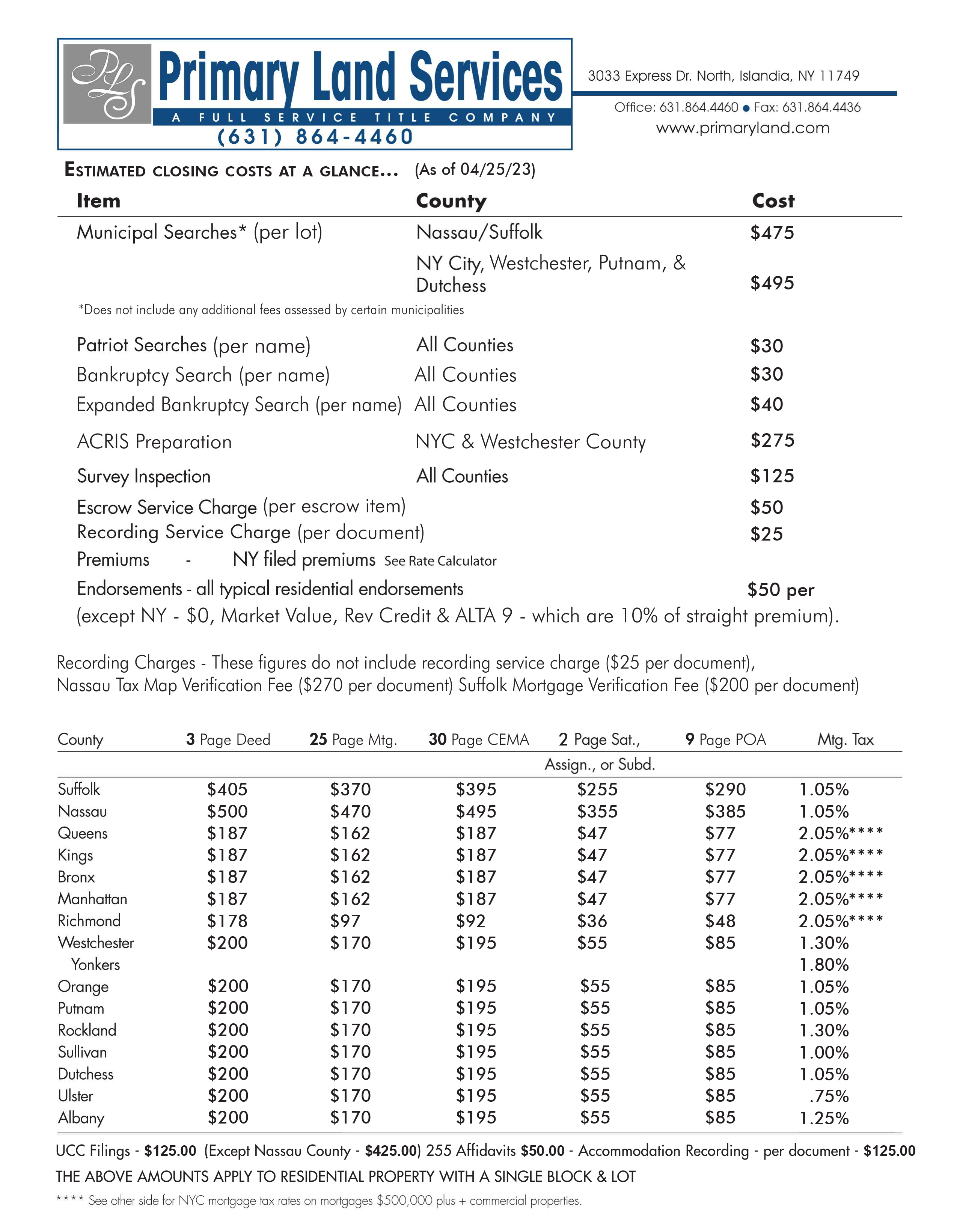 Primary Land Services Closing Costs