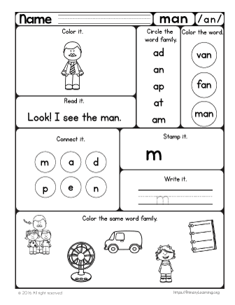 Man Worksheet | The An Word Family | Primarylearning.org
