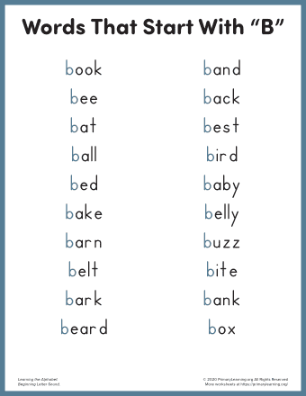 Words That Start With B For Kindergarten | Primarylearning.org