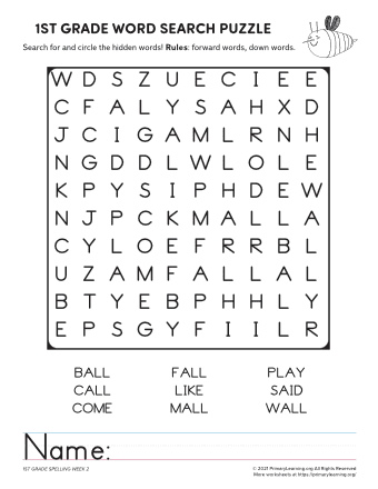 1St Grade Word Search Spelling (Unit 34) | Primarylearning.org