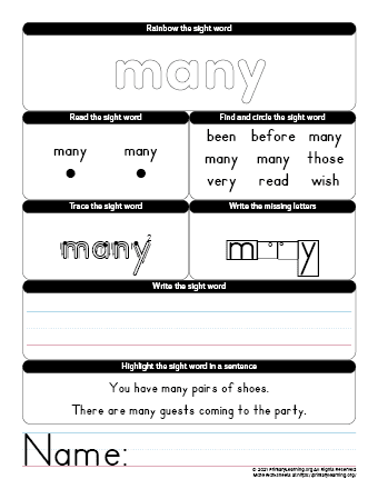 Many Sight Word Worksheet | Primarylearning.org