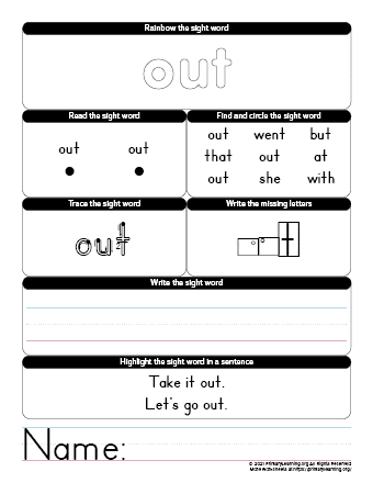 OUT Sight Word Worksheet | PrimaryLearning.org