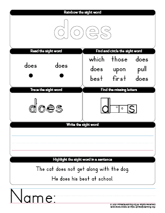 DOES Sight Word Worksheet | PrimaryLearning.org