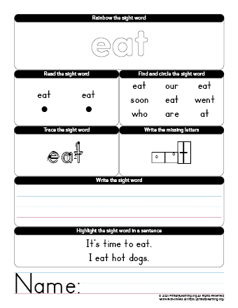Eat Sight Word Worksheet | Primarylearning.org