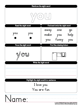 You Sight Word Worksheet | Primarylearning.org