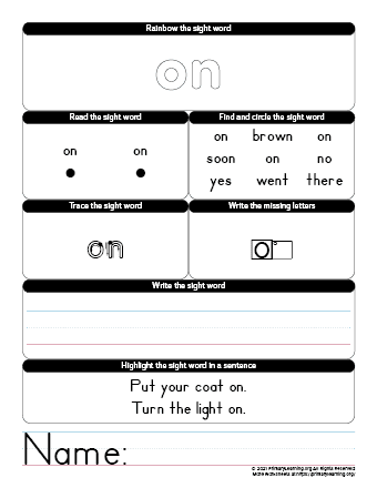 ON Sight Word Worksheet | PrimaryLearning.Org