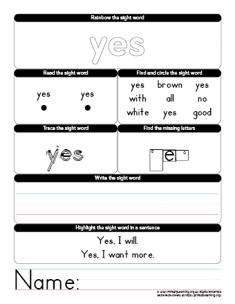 Yes Sight Word Worksheet | Primarylearning.org