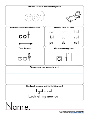 COT Worksheet - OT Word Family | PrimaryLearning.Org