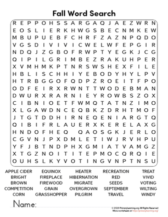 Fall Word Search Printable | PrimaryLearning.Org