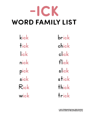 ICK Word Family List | PrimaryLearning.Org