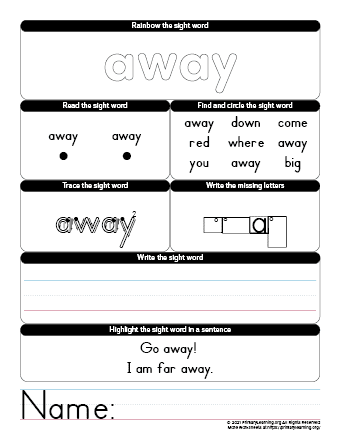 AWAY Sight Word Worksheet | PrimaryLearning.Org