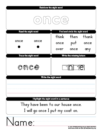ONCE Sight Word Worksheet | PrimaryLearning.Org