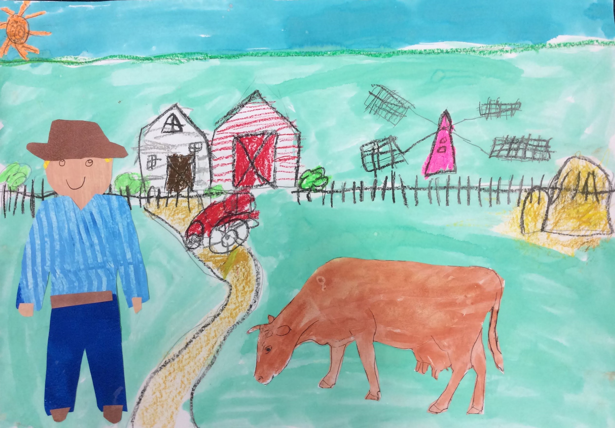 Farm Scene with the Farmer Year 1/2 Mixed Media Art lesson