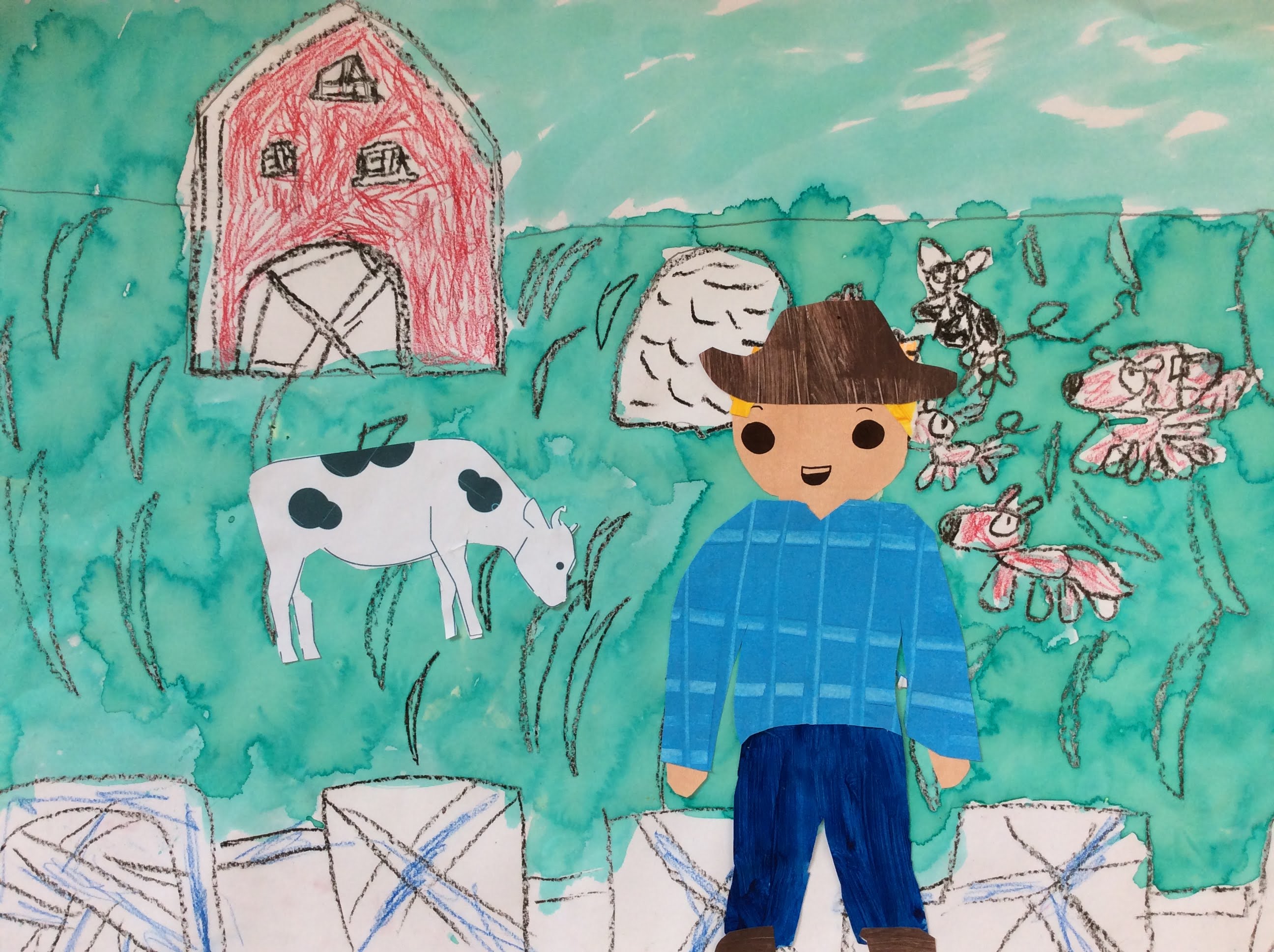 Farm Scene with the Farmer Year 1/2 Mixed Media Art lesson Primary School Art