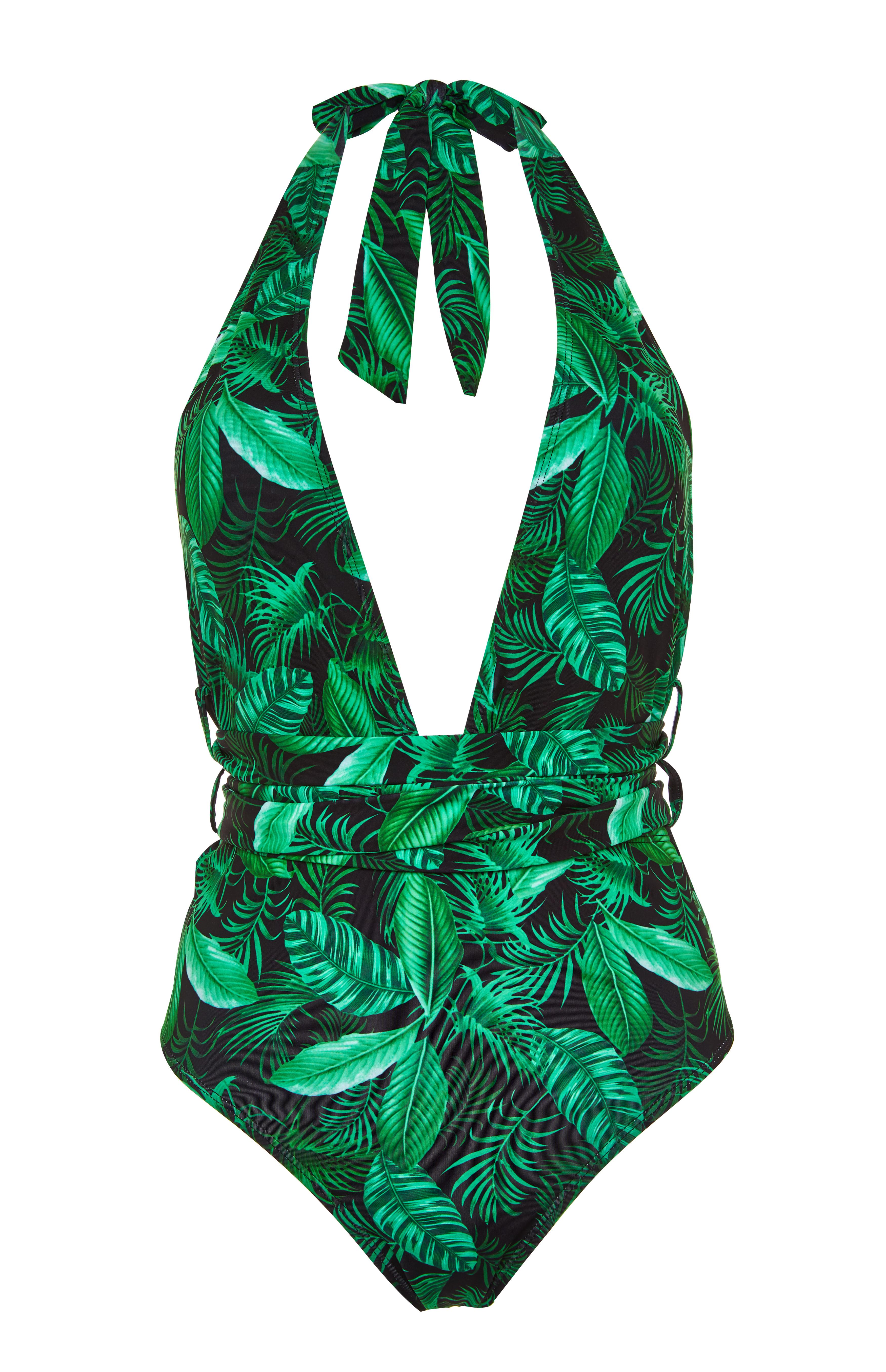 Green Leaf Print Plunge Swimsuit Swimsuits & Bikinis Bikinis